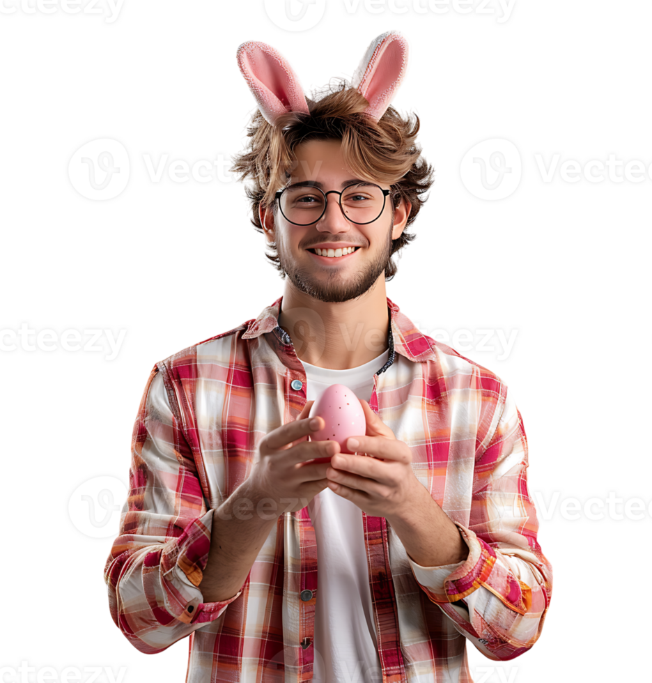 Cheerful young man wearing bunny ears holding eastern egg on isolated transparent background png
