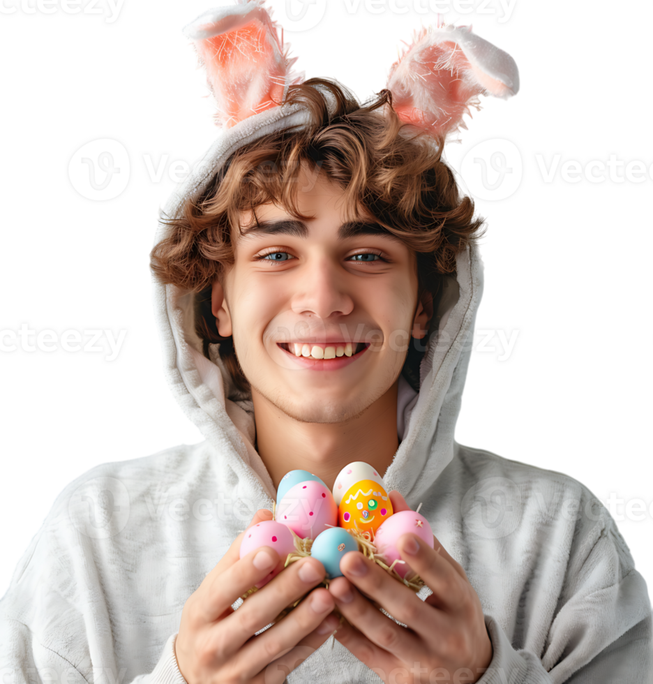 Cheerful young man wearing bunny ears holding eastern egg on isolated transparent background png