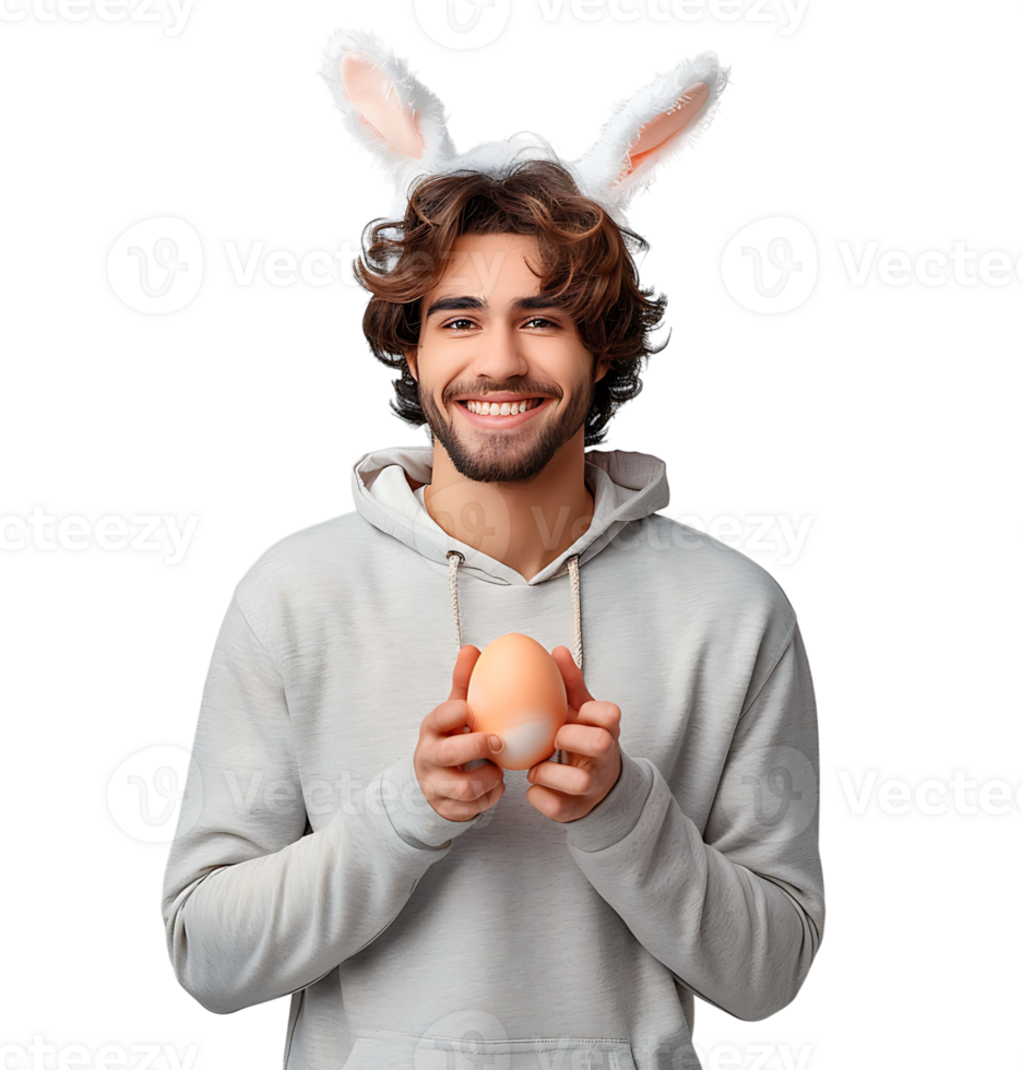 Cheerful young man wearing bunny ears holding eastern egg on isolated transparent background png