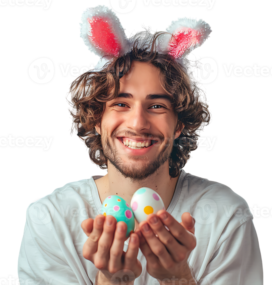 Cheerful young man wearing bunny ears holding eastern egg on isolated transparent background png
