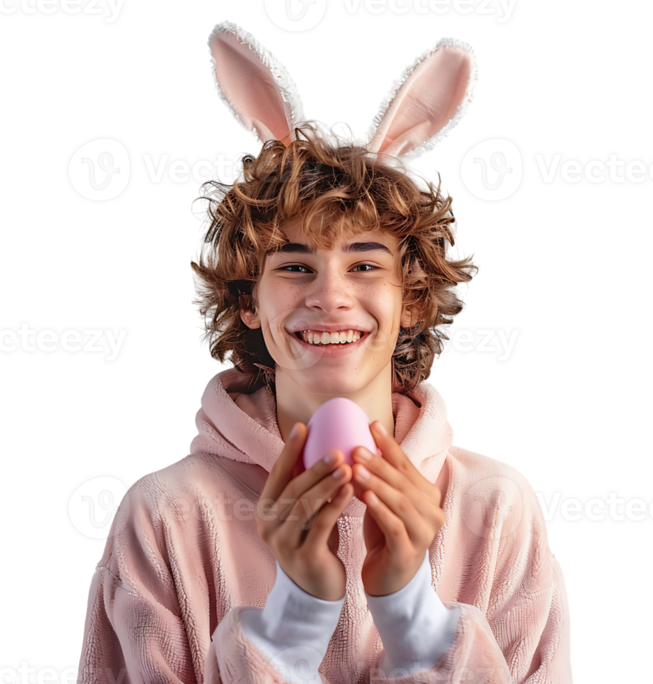 Cheerful young man wearing bunny ears holding eastern egg on isolated transparent background png