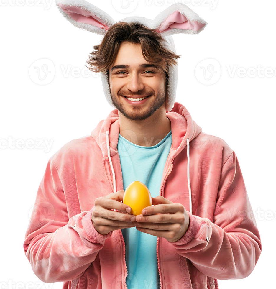 Cheerful young man wearing bunny ears holding eastern egg on isolated transparent background png