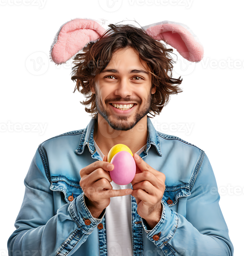 Cheerful young man wearing bunny ears holding eastern egg on isolated transparent background png