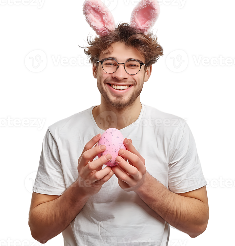 Cheerful young man wearing bunny ears holding eastern egg on isolated transparent background png