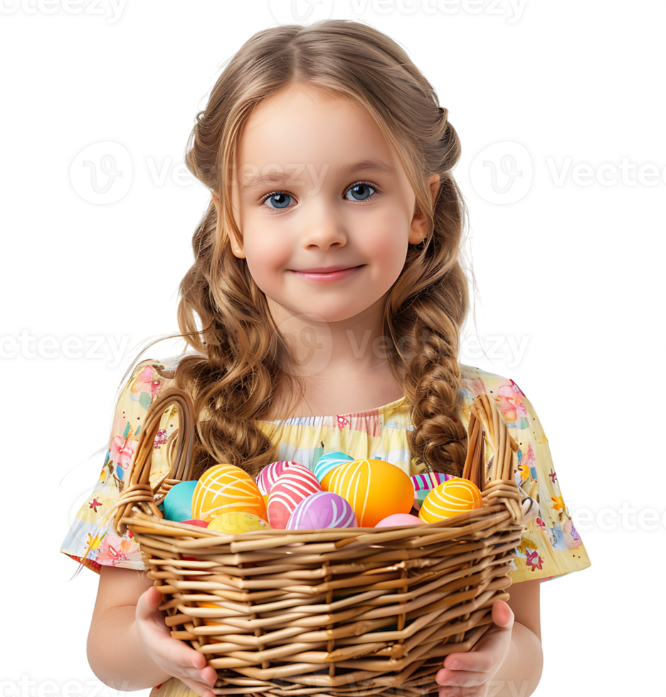 Happy Easter. Portrait of a pretty kid with a basket of eastern eggs standing on isolated transparent background png