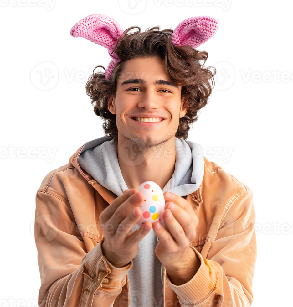 Cheerful young man wearing bunny ears holding eastern egg on isolated transparent background png
