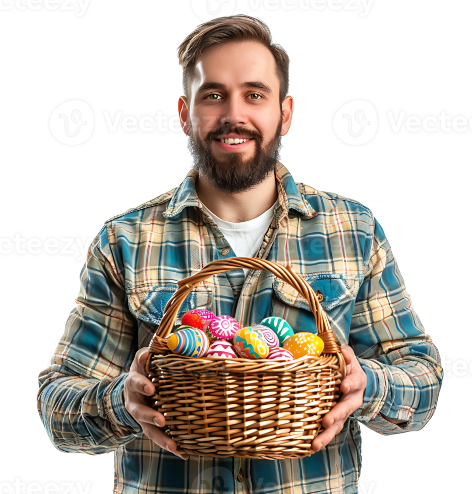 Happy Easter. Portrait of a pretty young man with a basket of eastern eggs standing on isolated transparent background png