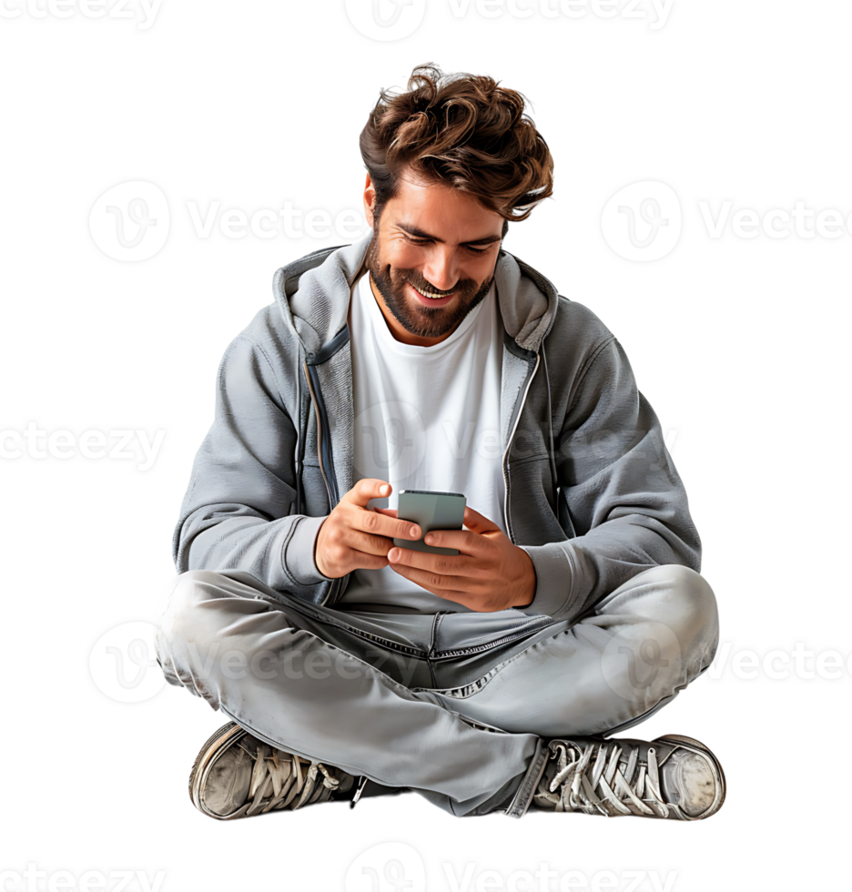 Laughing man sitting on floor on browsing social media on phone on isolated transparent background png