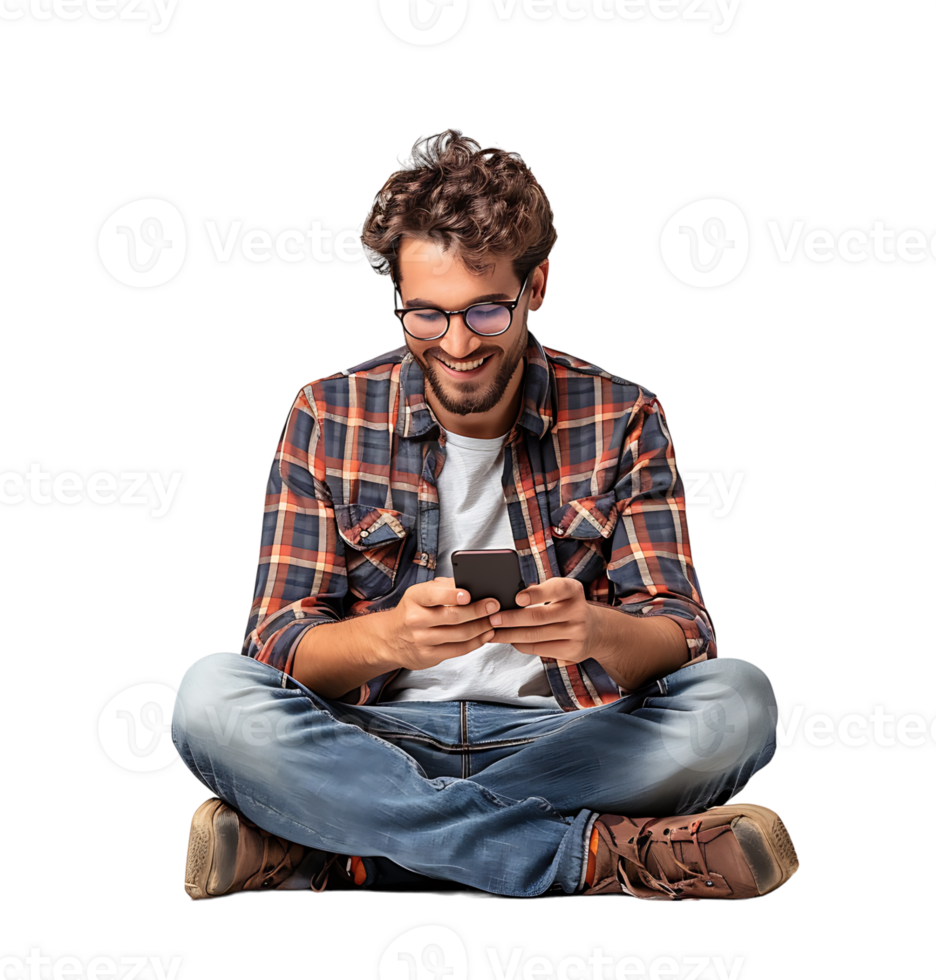 Laughing man sitting on floor on browsing social media on phone on isolated transparent background png