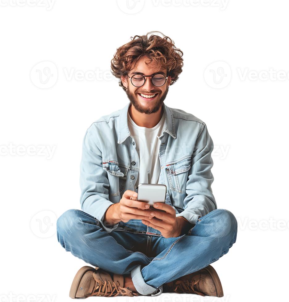 Laughing man sitting on floor on browsing social media on phone on isolated transparent background png