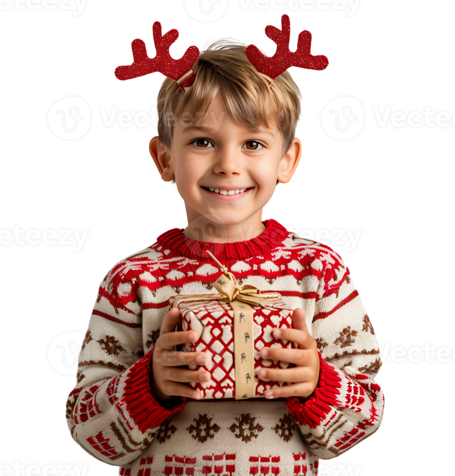 Happy smiling kid wearing red Christmas reindeer antlers holding present on isolated transparent background png