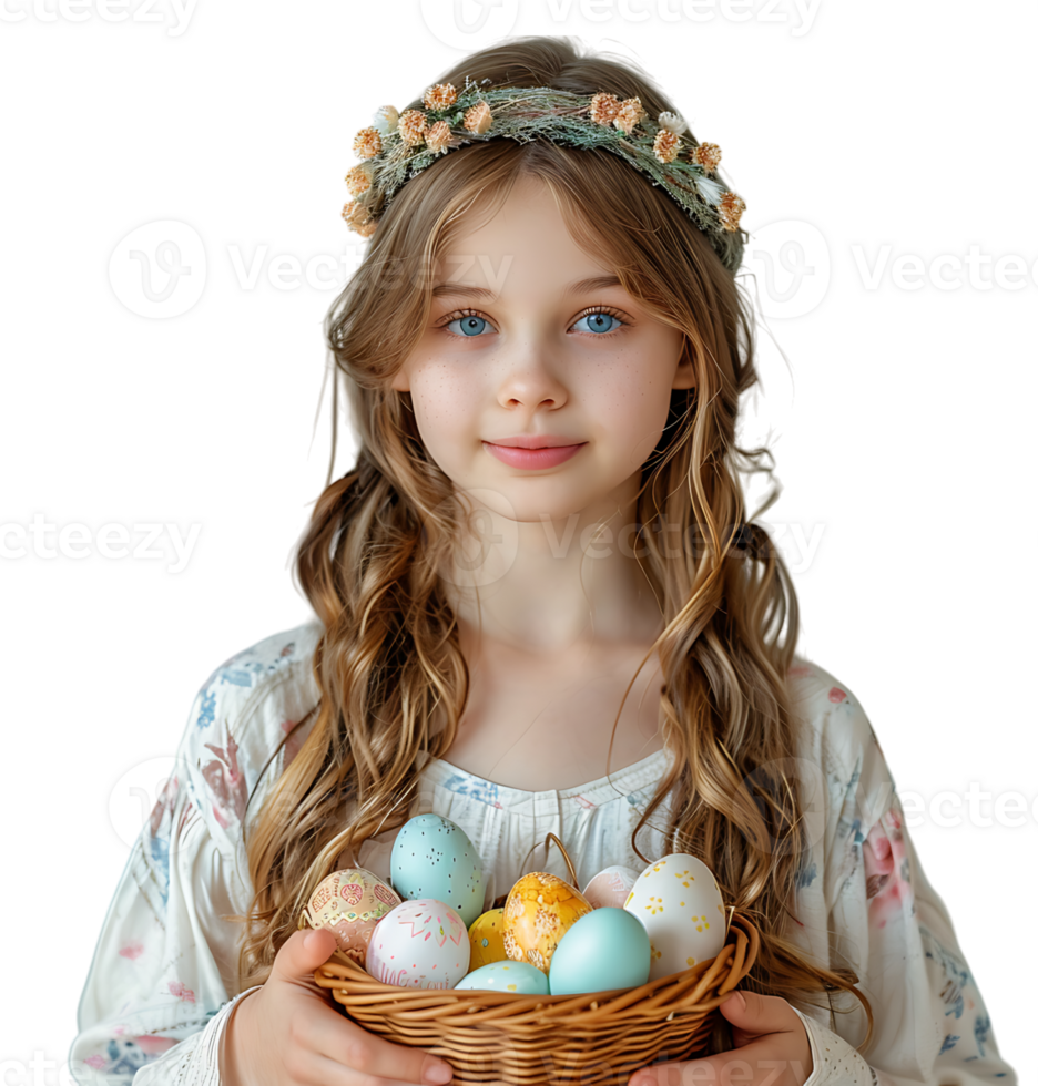 Happy Easter. Portrait of a pretty kid with a basket of eastern eggs standing on isolated transparent background png