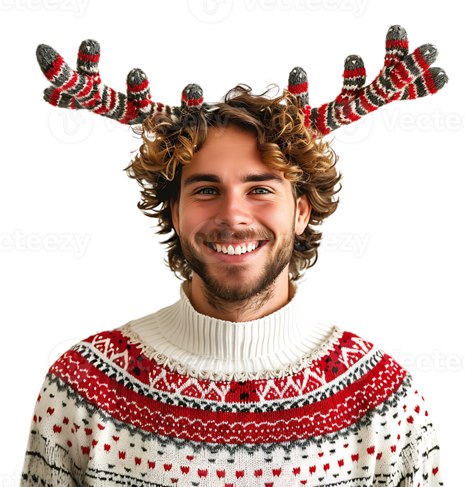 Happy smiling young man wearing red Christmas reindeer on isolated transparent background png