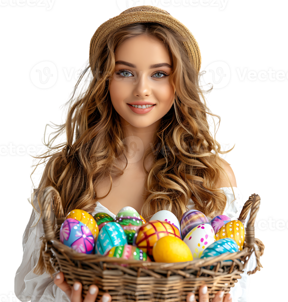 Happy Easter. Portrait of a pretty young girl with a basket of eastern eggs standing on isolated transparent background png