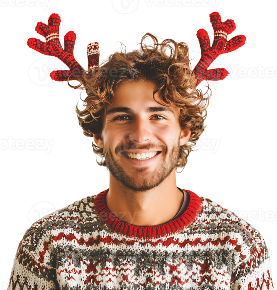 Happy smiling young man wearing red Christmas reindeer on isolated transparent background png