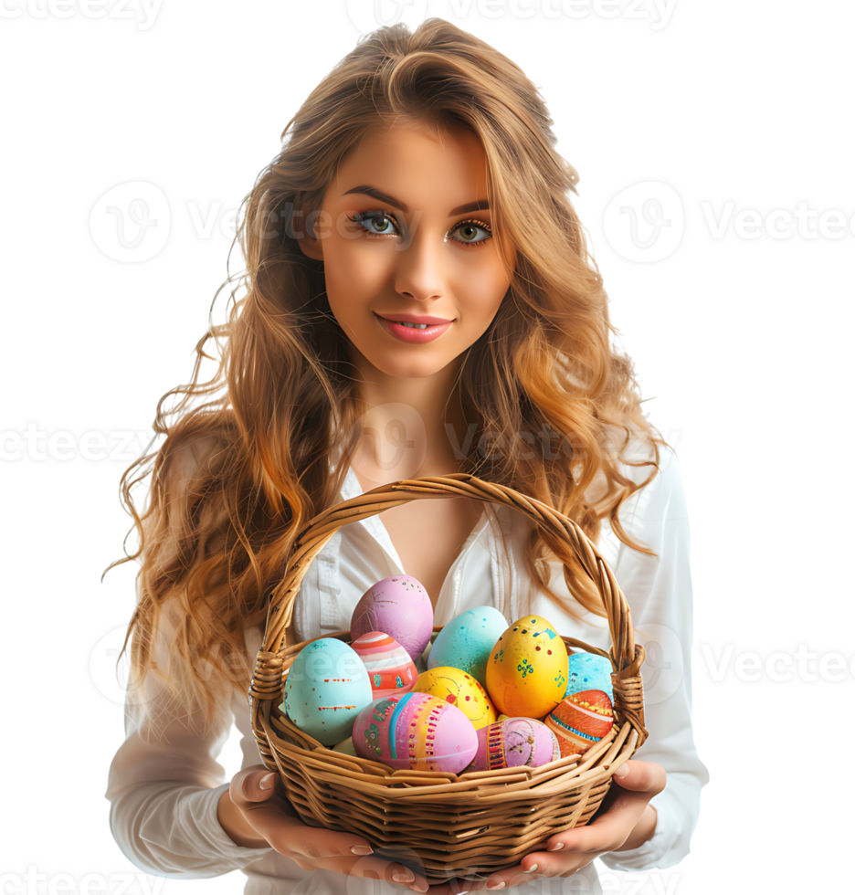 Happy Easter. Portrait of a pretty young girl with a basket of eastern eggs standing on isolated transparent background png