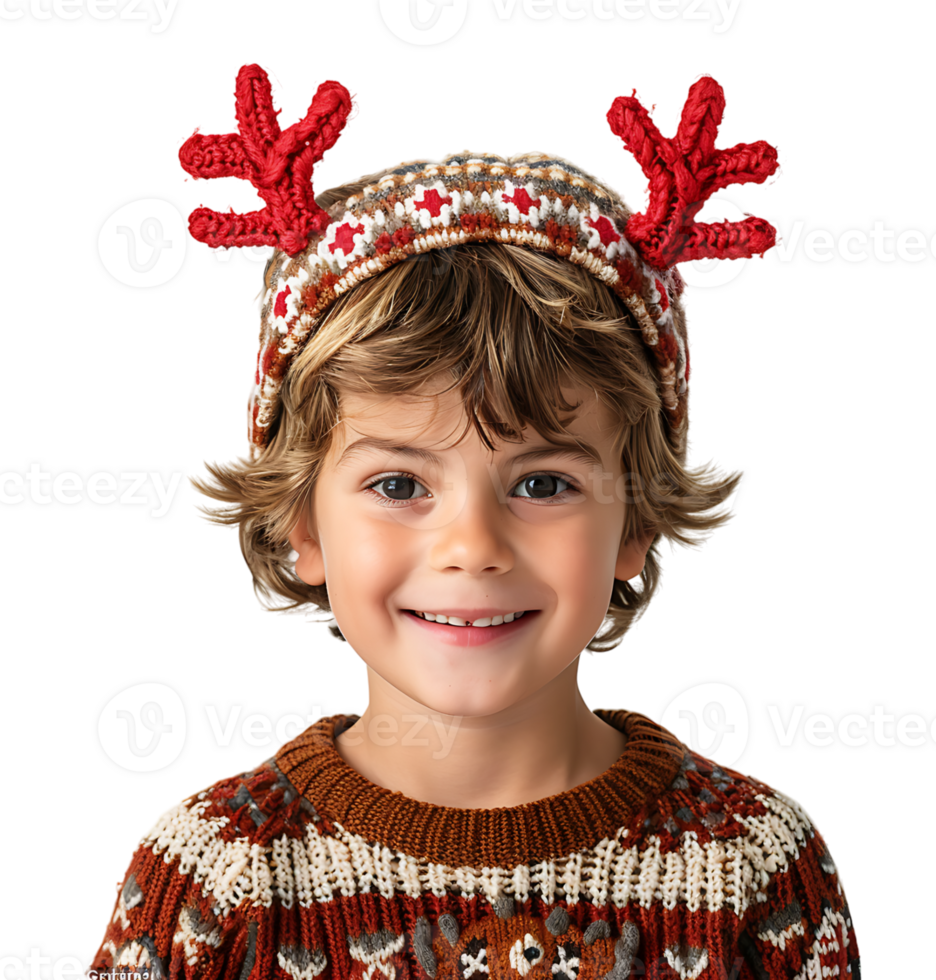 Happy smiling kid wearing red Christmas reindeer antlers holding present on isolated transparent background png