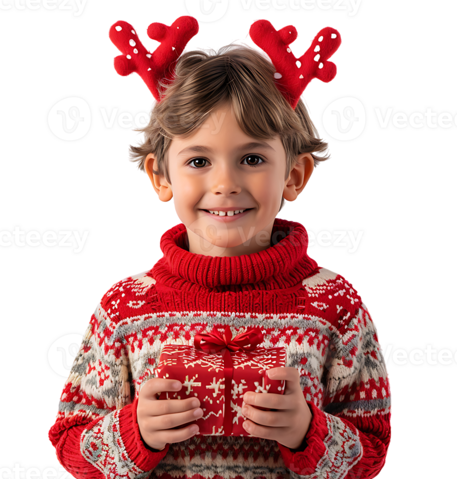 Happy smiling kid wearing red Christmas reindeer antlers holding present on isolated transparent background png