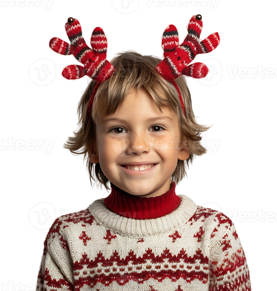 Happy smiling kid wearing red Christmas reindeer antlers holding present on isolated transparent background png