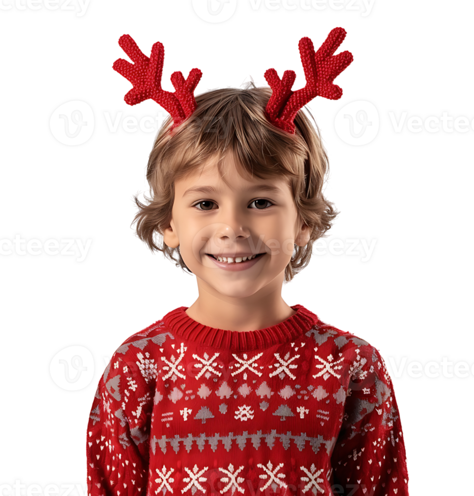 Happy smiling kid wearing red Christmas reindeer antlers holding present on isolated transparent background png