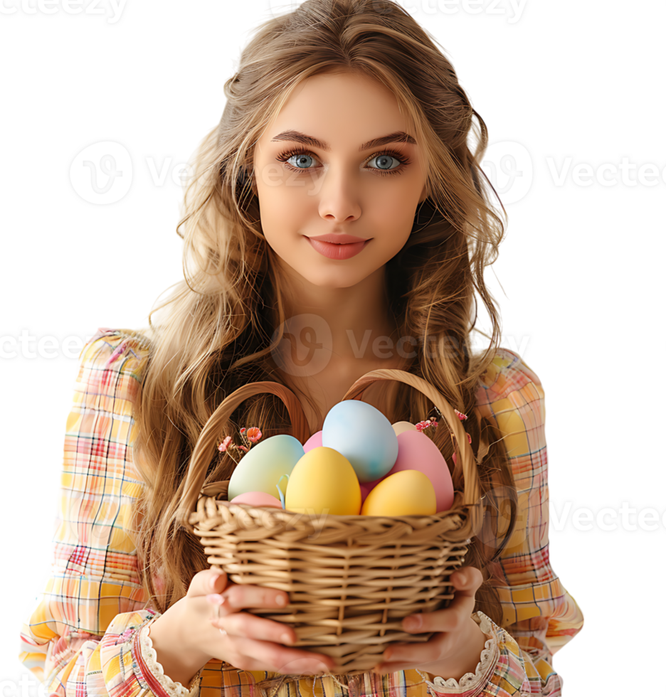 Happy Easter. Portrait of a pretty young girl with a basket of eastern eggs standing on isolated transparent background png