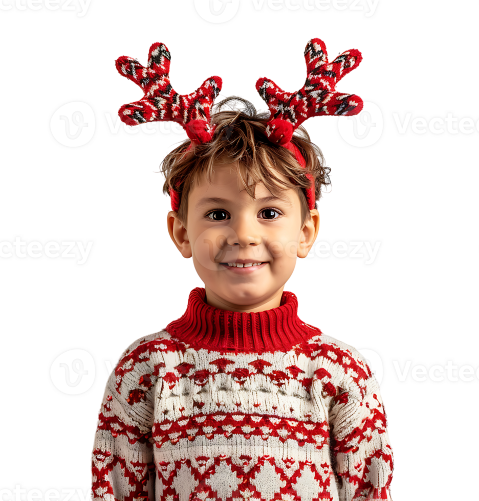 Happy smiling kid wearing red Christmas reindeer antlers holding present on isolated transparent background png