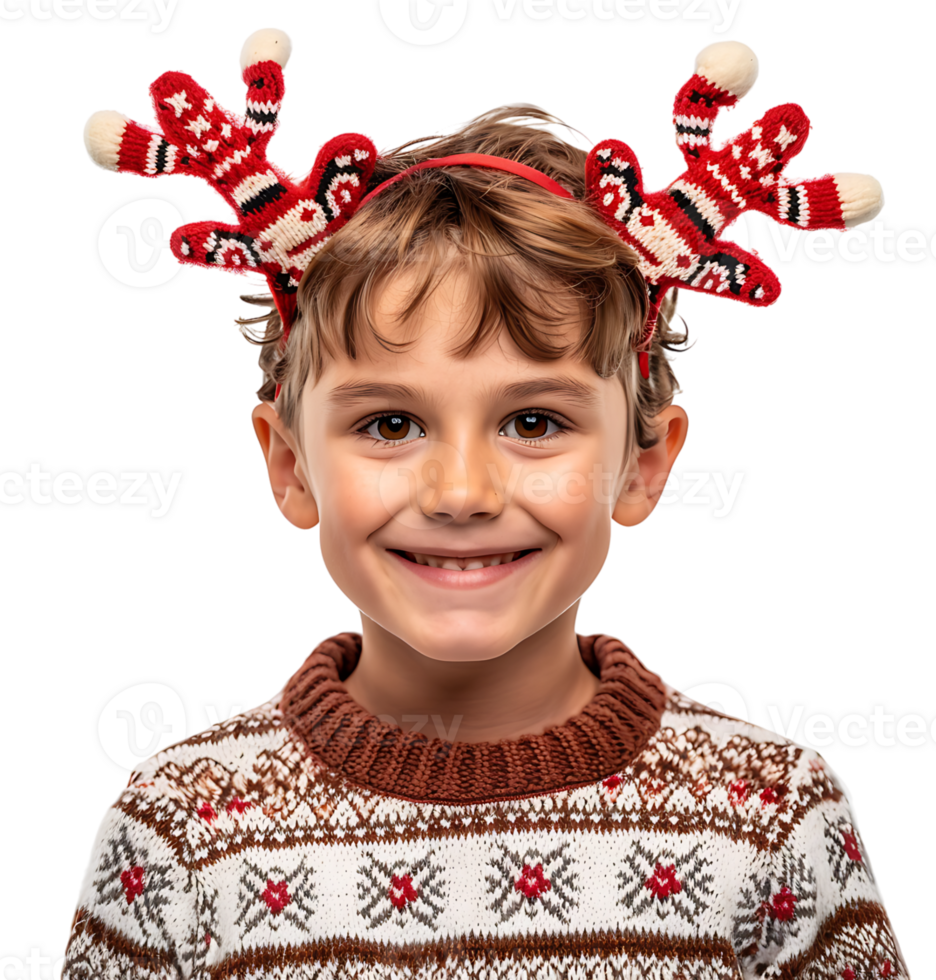 Happy smiling kid wearing red Christmas reindeer antlers holding present on isolated transparent background png