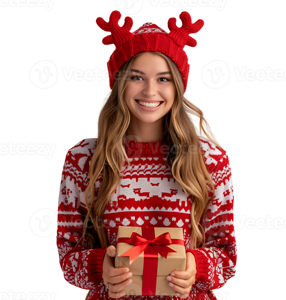 Happy smiling girl wearing red Christmas reindeer antlers present on isolated transparent background png