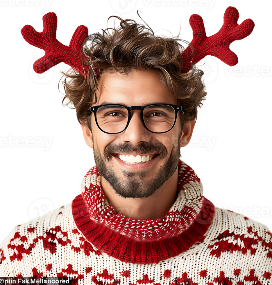 Happy smiling young man wearing red Christmas reindeer on isolated transparent background png