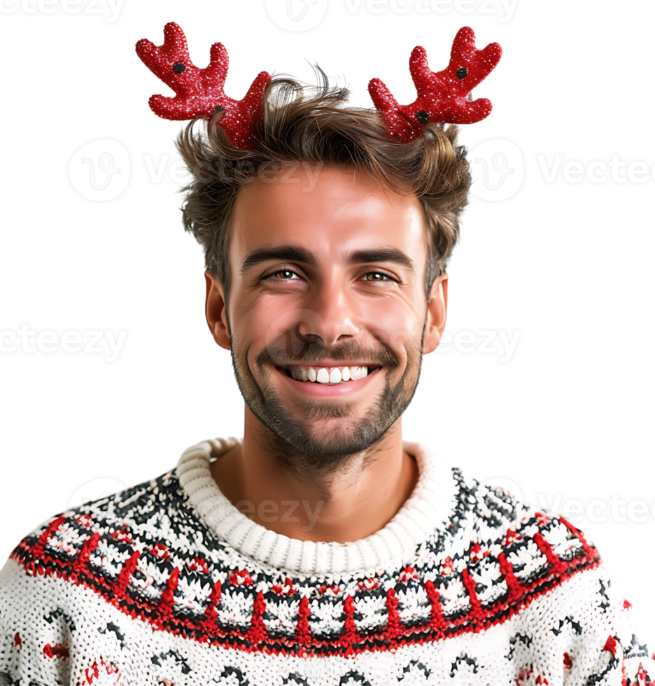 Happy smiling young man wearing red Christmas reindeer on isolated transparent background png