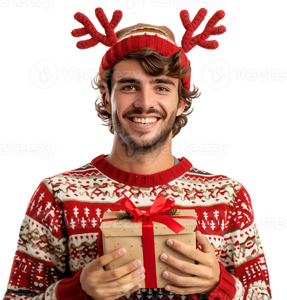 Happy smiling young man wearing red Christmas reindeer holding present on isolated transparent background png