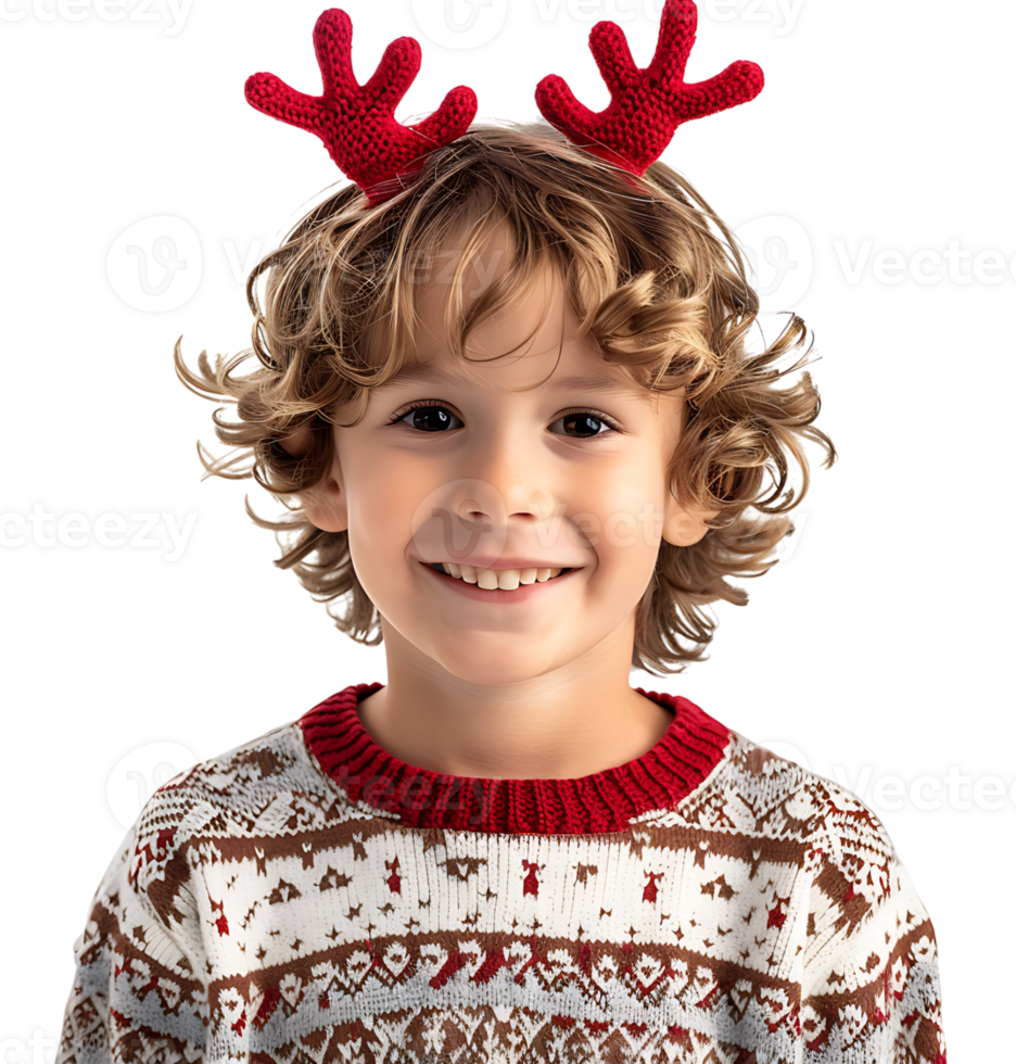 Happy smiling kid wearing red Christmas reindeer antlers holding present on isolated transparent background png