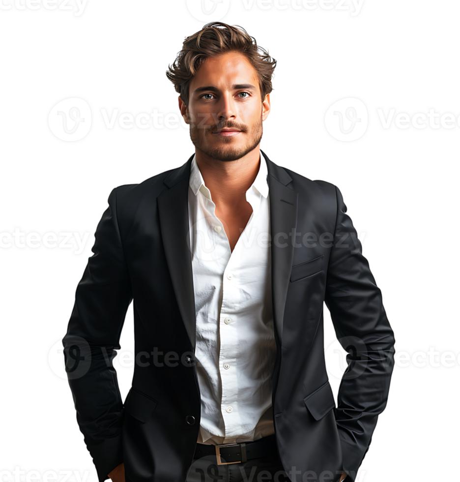 Portrait of a cheerful business man dressed in black suit on isolated transparent background png