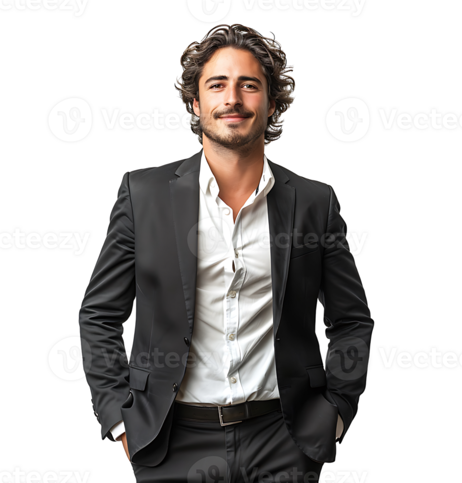 Portrait of a cheerful business man dressed in black suit on isolated transparent background png
