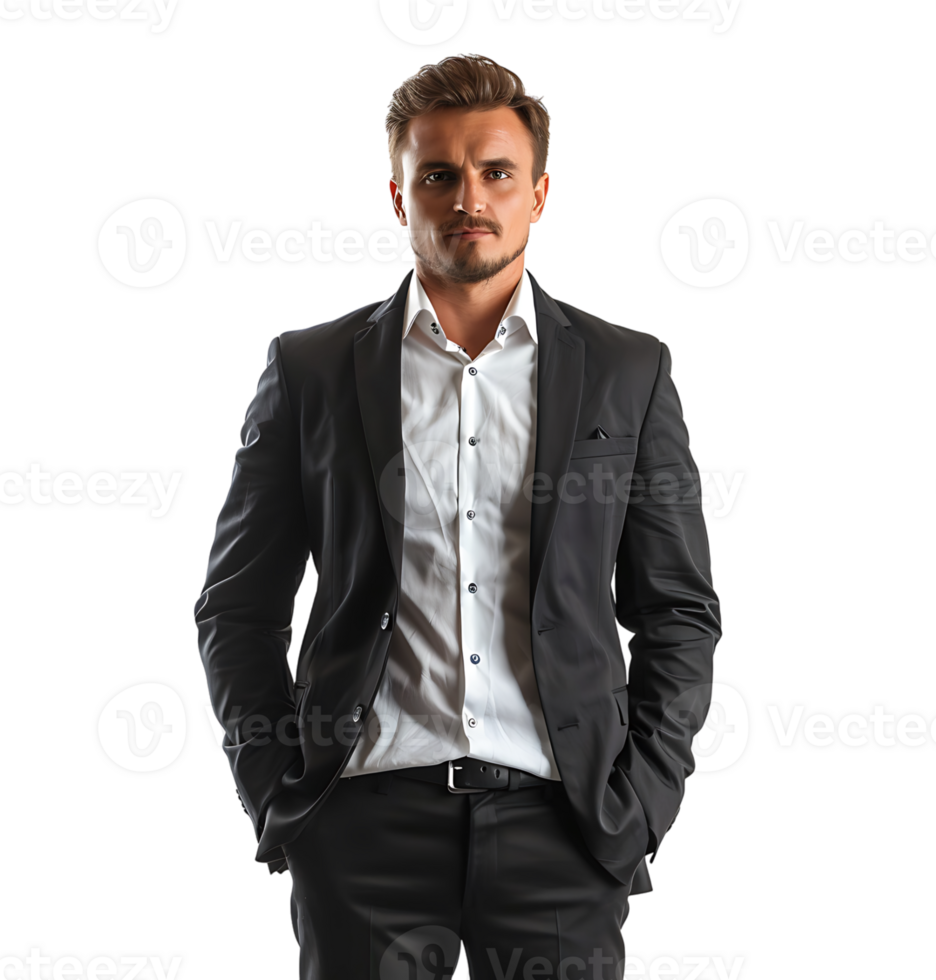 Portrait of a cheerful business man dressed in black suit on isolated transparent background png