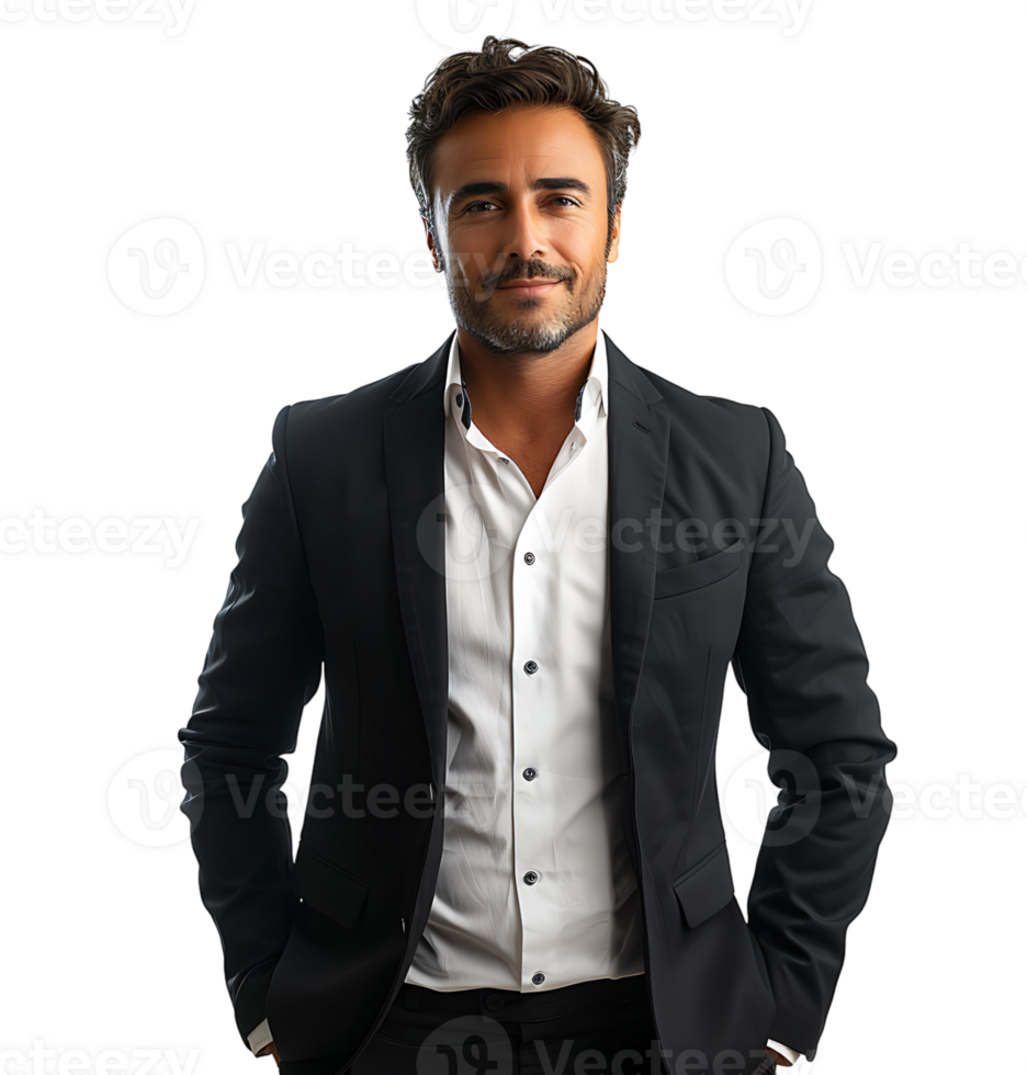 Portrait of a cheerful business man dressed in black suit on isolated transparent background png