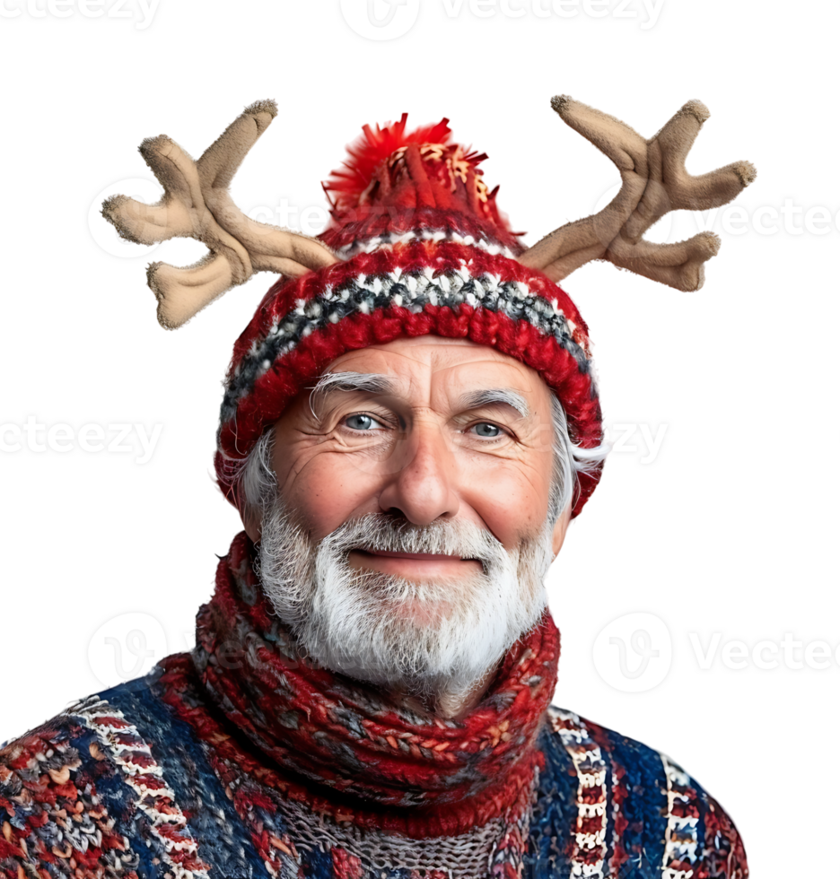 Happy smiling young old man wearing red Christmas reindeer on isolated transparent background png