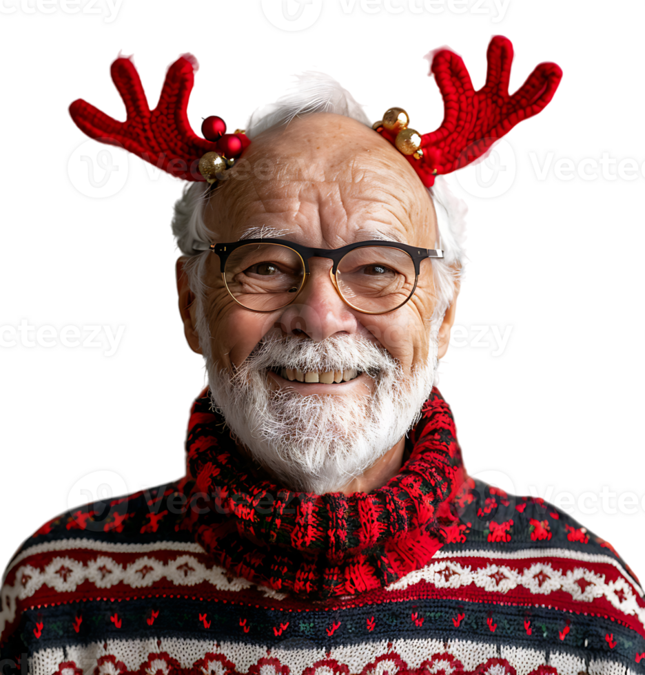 Happy smiling young old man wearing red Christmas reindeer on isolated transparent background png