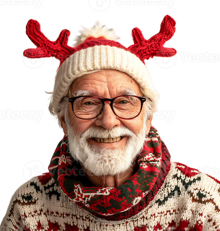 Happy smiling young old man wearing red Christmas reindeer on isolated transparent background png