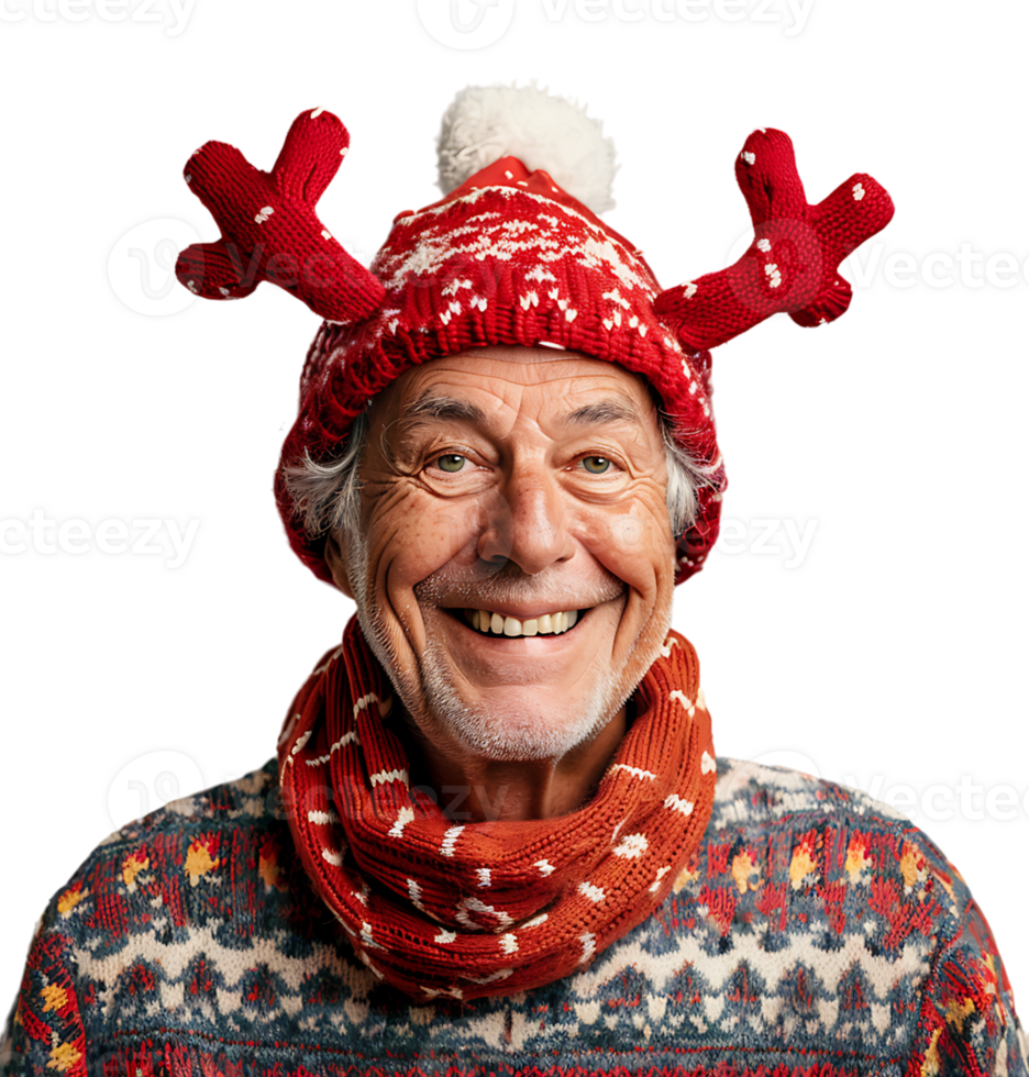 Happy smiling young old man wearing red Christmas reindeer on isolated transparent background png