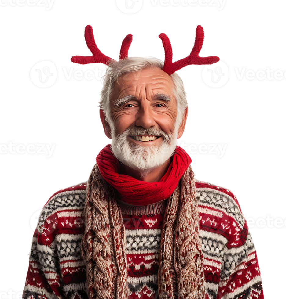 Happy smiling young old man wearing red Christmas reindeer on isolated transparent background png