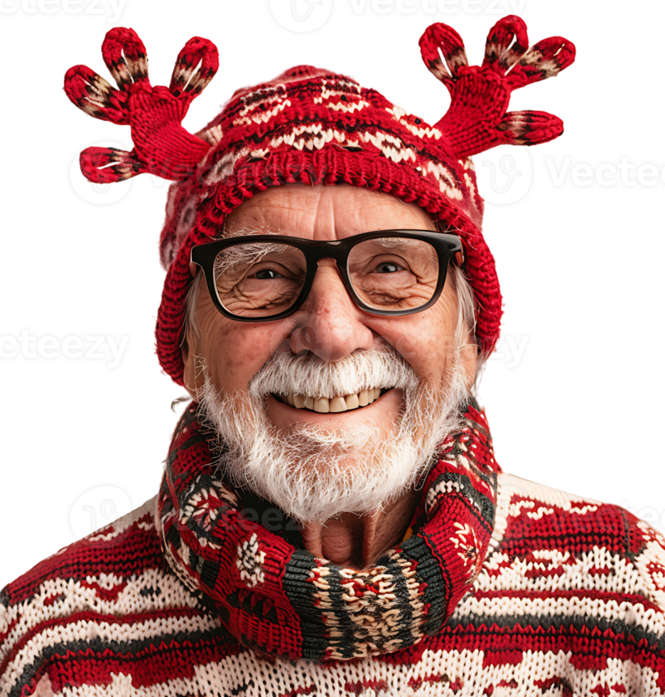 Happy smiling young old man wearing red Christmas reindeer on isolated transparent background png