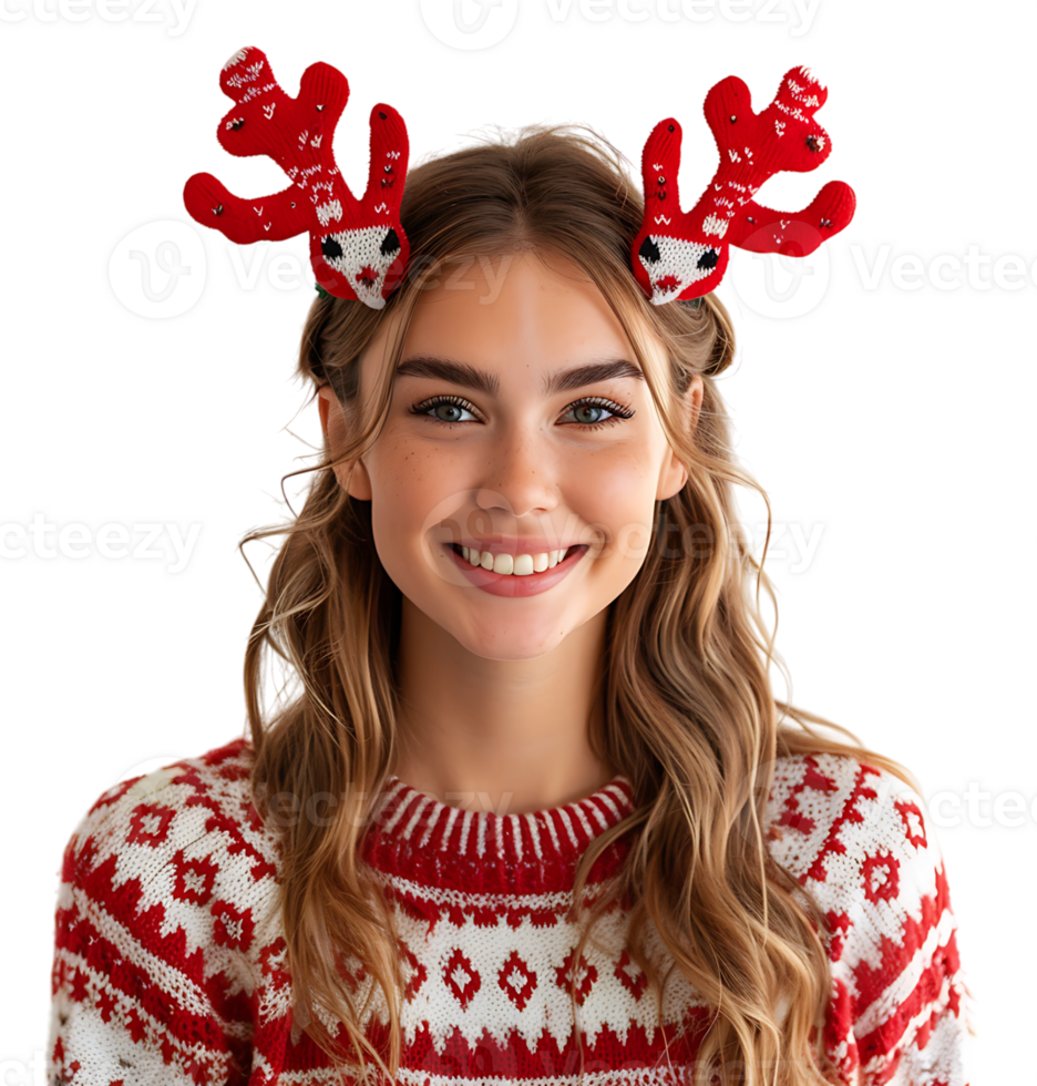 Happy smiling girl wearing red Christmas reindeer on isolated transparent background png