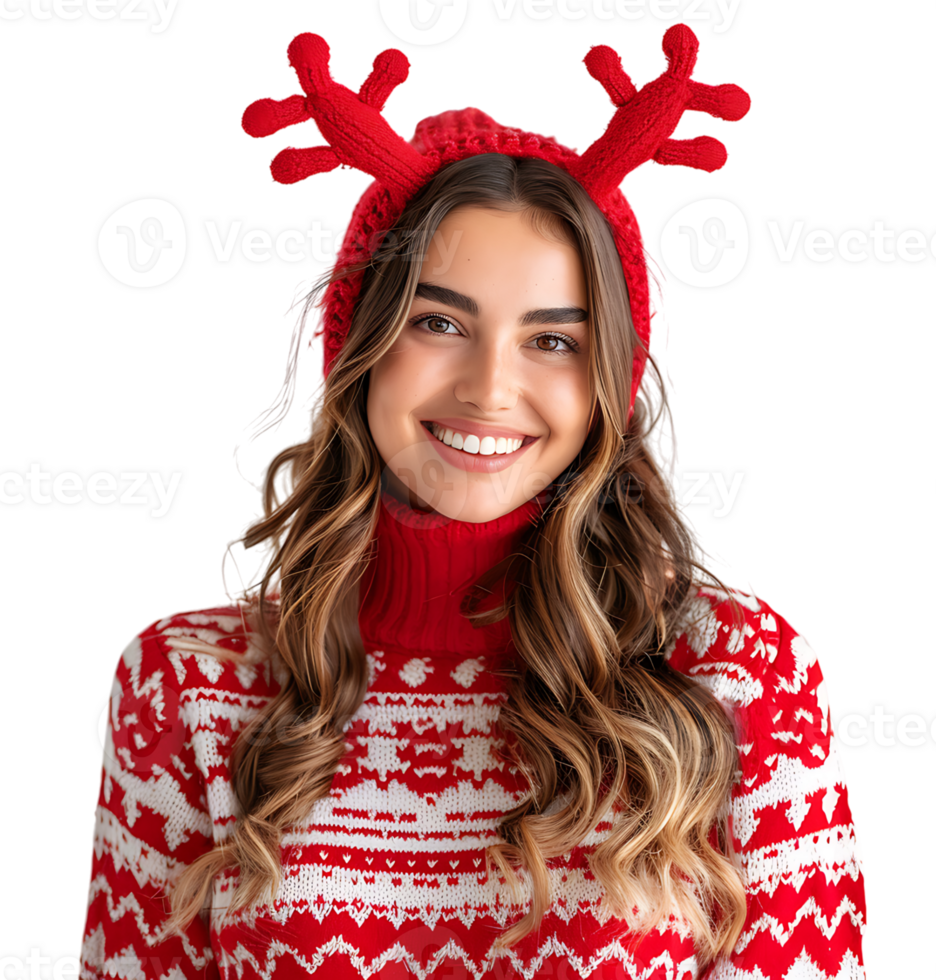 Happy smiling girl wearing red Christmas reindeer on isolated transparent background png