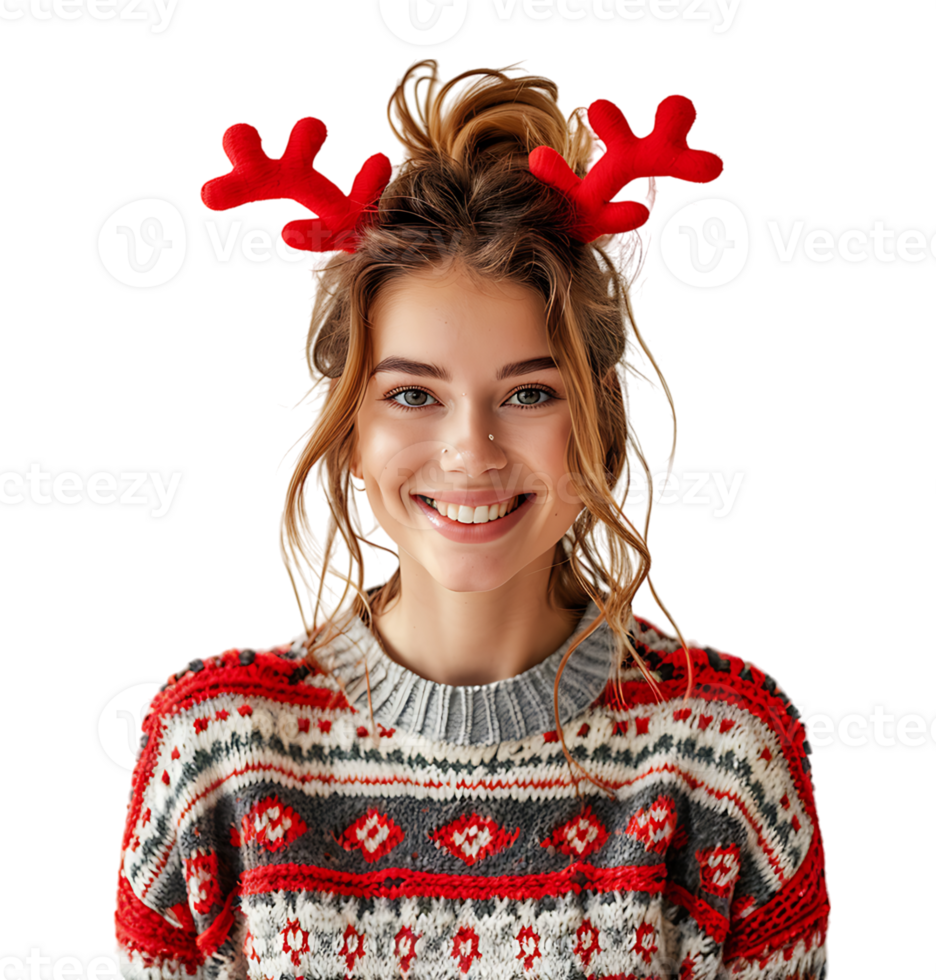 Happy smiling girl wearing red Christmas reindeer on isolated transparent background png