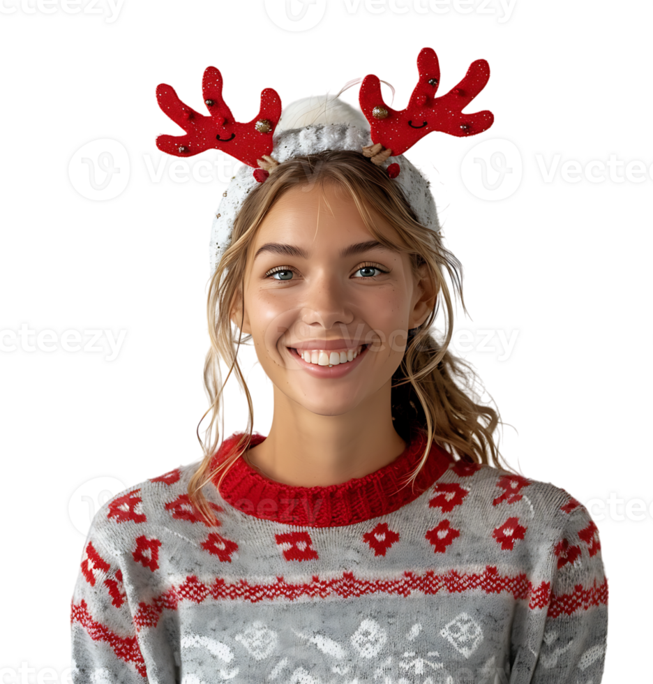 Happy smiling girl wearing red Christmas reindeer on isolated transparent background png