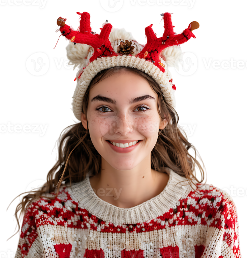 Happy smiling girl wearing red Christmas reindeer on isolated transparent background png
