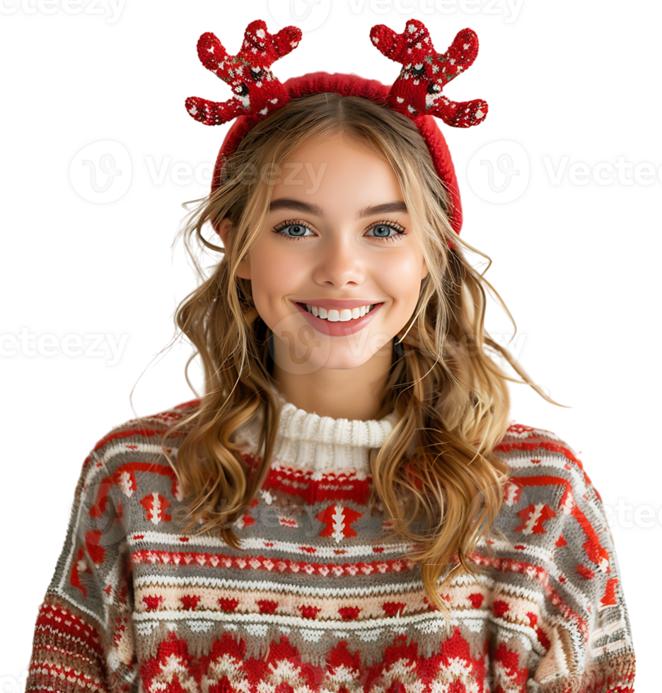Happy smiling girl wearing red Christmas reindeer on isolated transparent background png