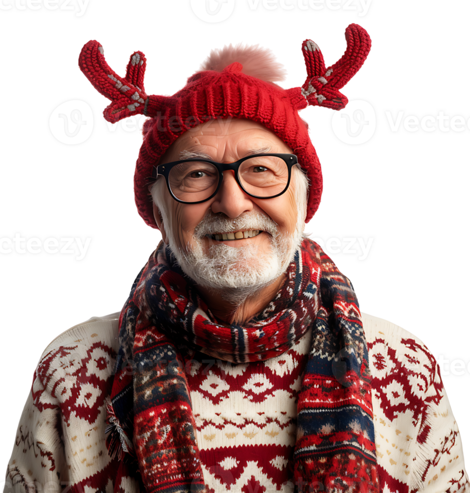 Happy smiling young old man wearing red Christmas reindeer on isolated transparent background png