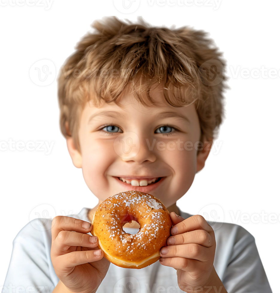 Smiling child boy holding yummy donut on isolated transparent background png